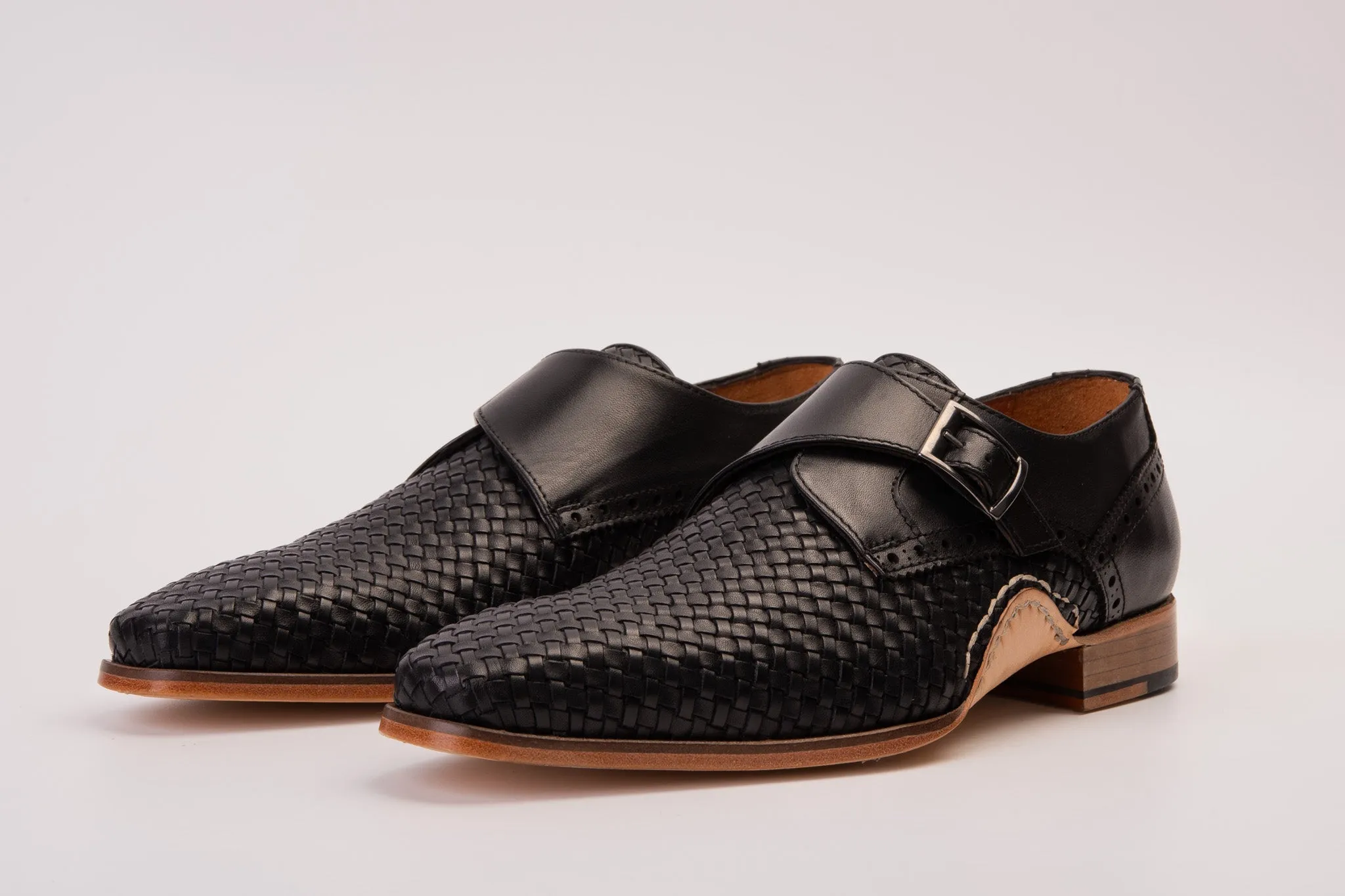 The Rolls  Woven Black Leather Single Monk Strap  Handmade Men Shoe