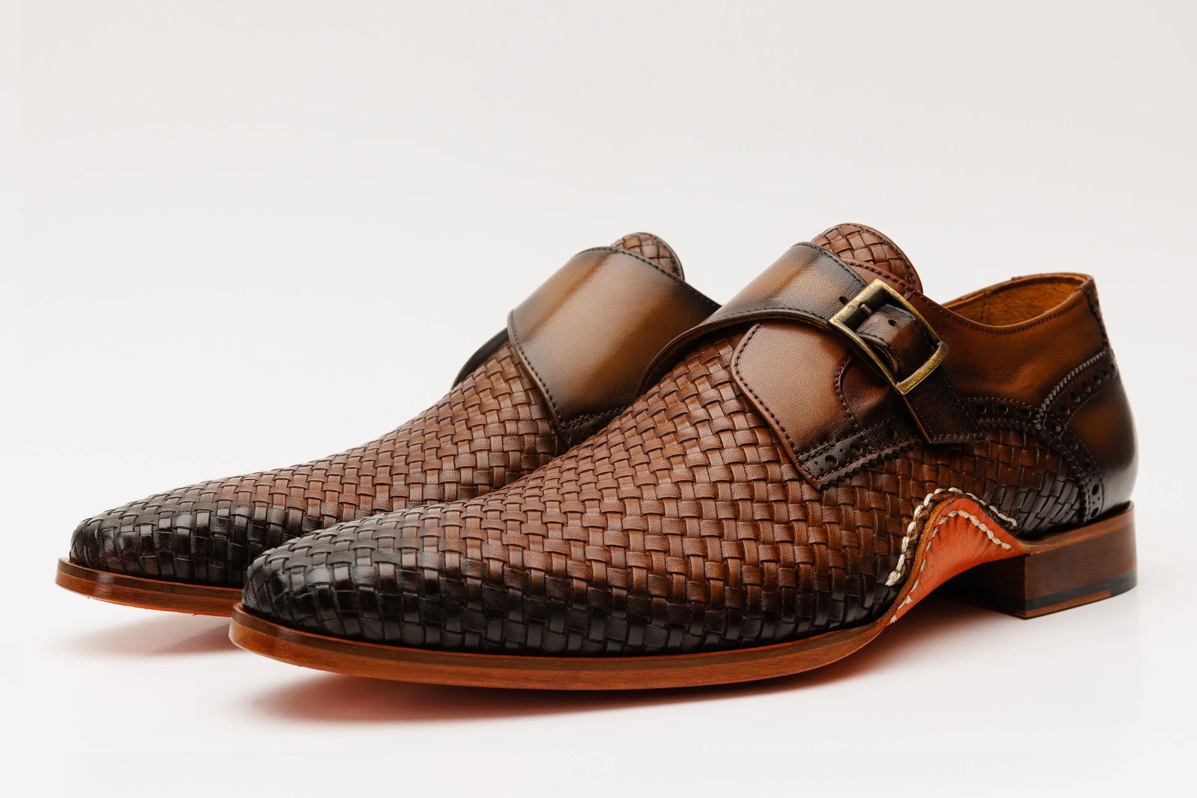 The Rolls  Woven Tan Leather Single Monk Strap  Handmade Men Shoe