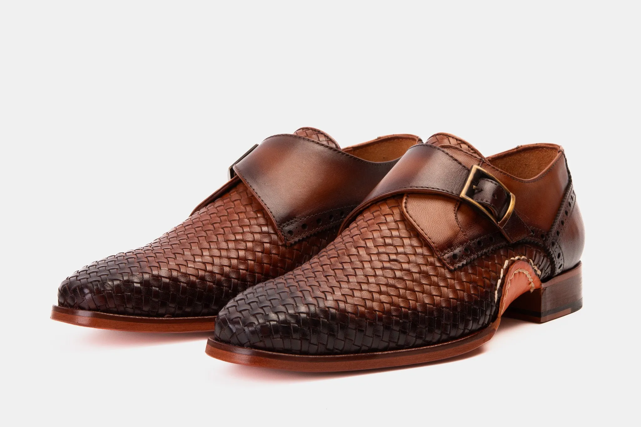 The Rolls  Woven Tan Leather Single Monk Strap  Handmade Men Shoe