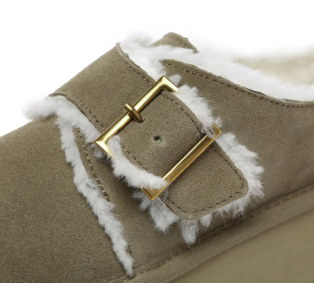 UGG Platform Slippers Sheepskin Wool Adjustable Buckle Ankle Booties Tobias