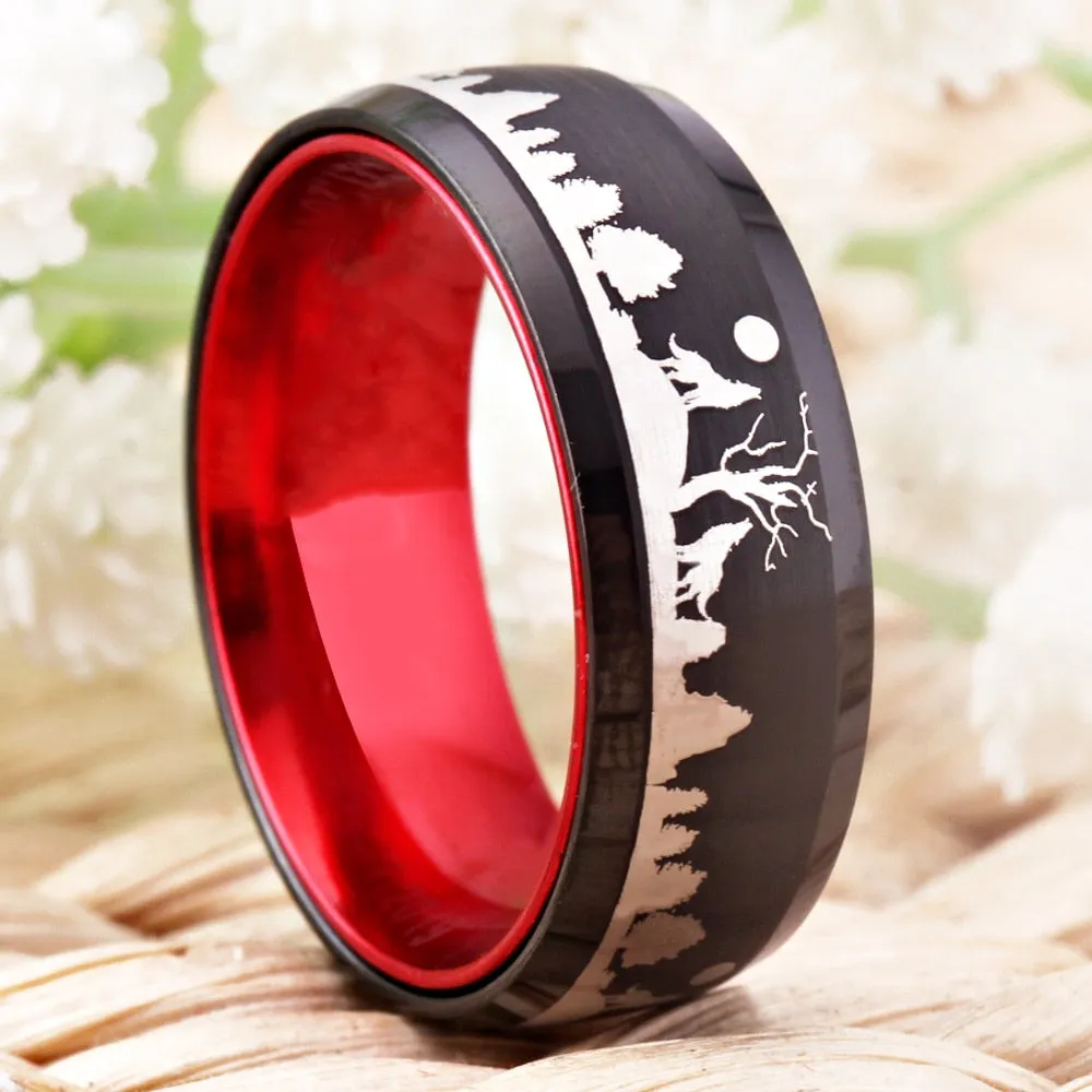 Unique Red and Black Tungsten Handmade Wolf Ring