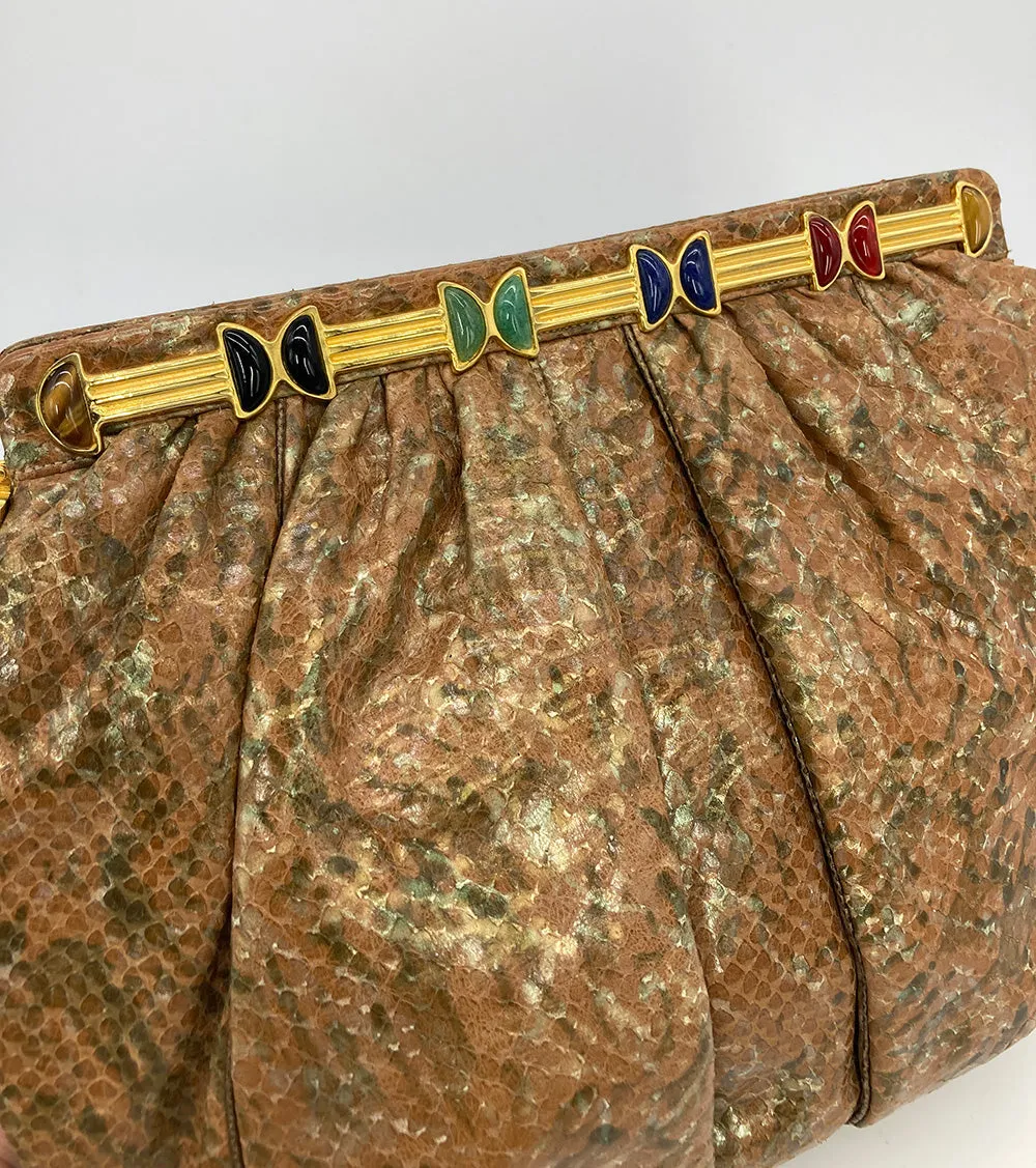 Vintage Judith Leiber Natural Tan and Brown Snakeskin Clutch