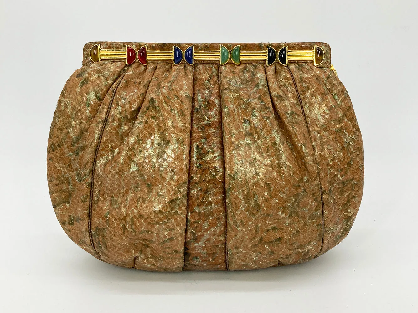 Vintage Judith Leiber Natural Tan and Brown Snakeskin Clutch