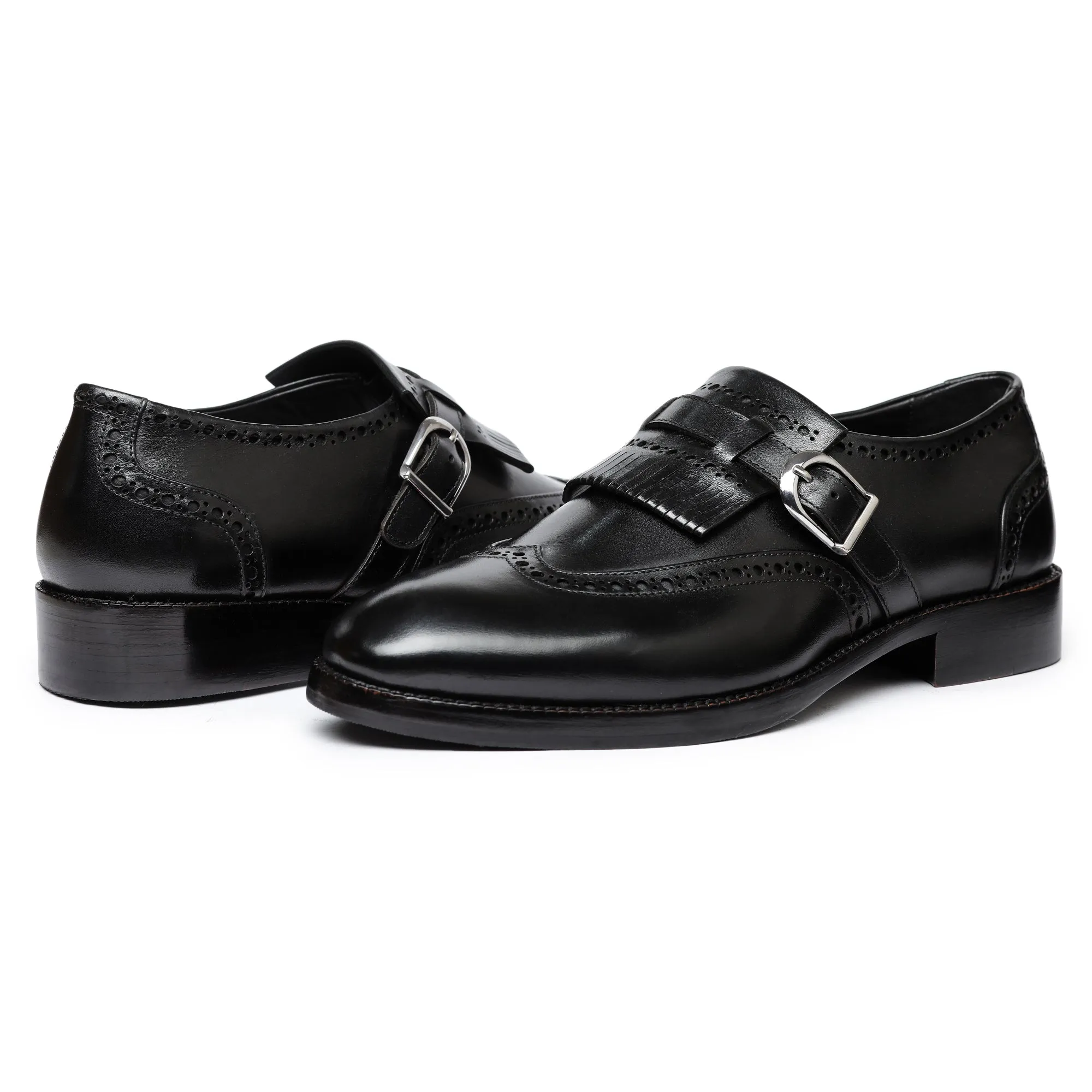 Wingtip Brogue Kiltie Monk Strap- Black